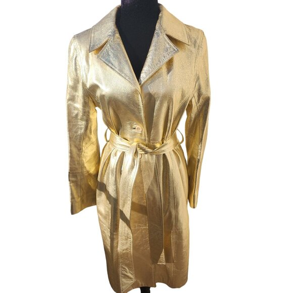 Glamorous Gold Metallic REAL Genuine Soft Leather Designer Jacket Coat Trench NW - Picture 14 of 16